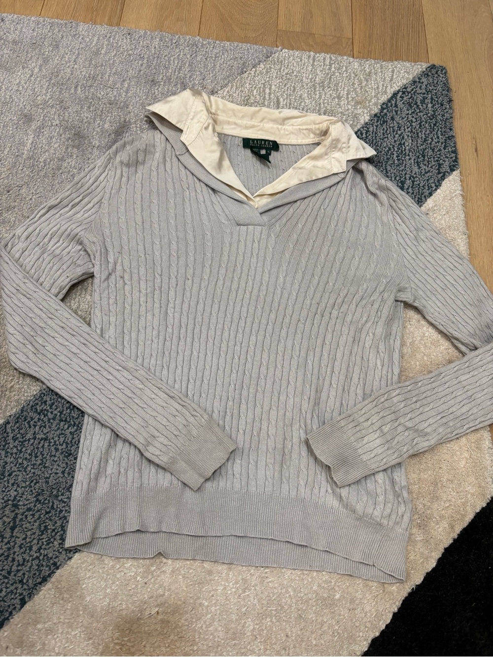 Lauren Ralph Lauren Cable Knit Pullover Sweater Layered Gray Size XL Silk Cotton